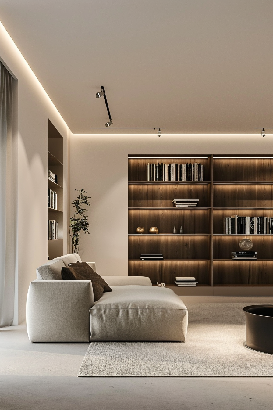 Modern living room interior with wooden bookshelf, comfortable beige sofa, ottoman, and ambient lighting.