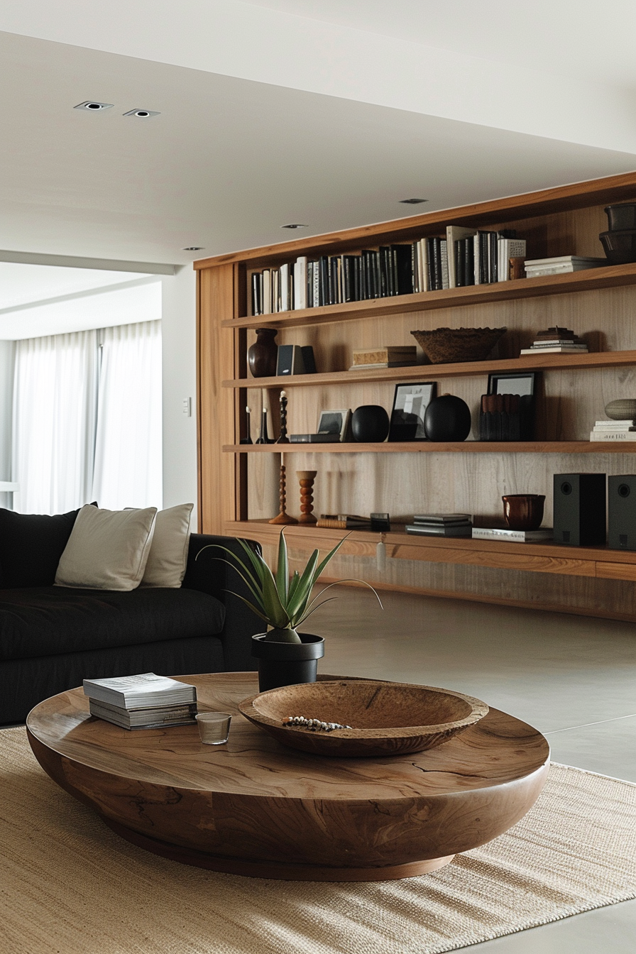 Modern living room with a wooden bookshelf, a large round coffee table, a black sofa, and a plant on a rug.