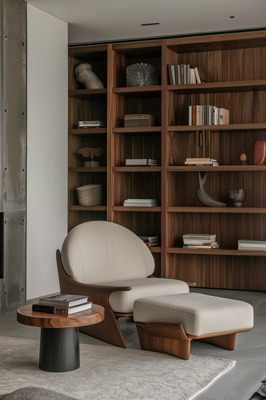 A modern living room with a cream armchair, matching ottoman, wooden bookshelf filled with books and decor, and a round side table.