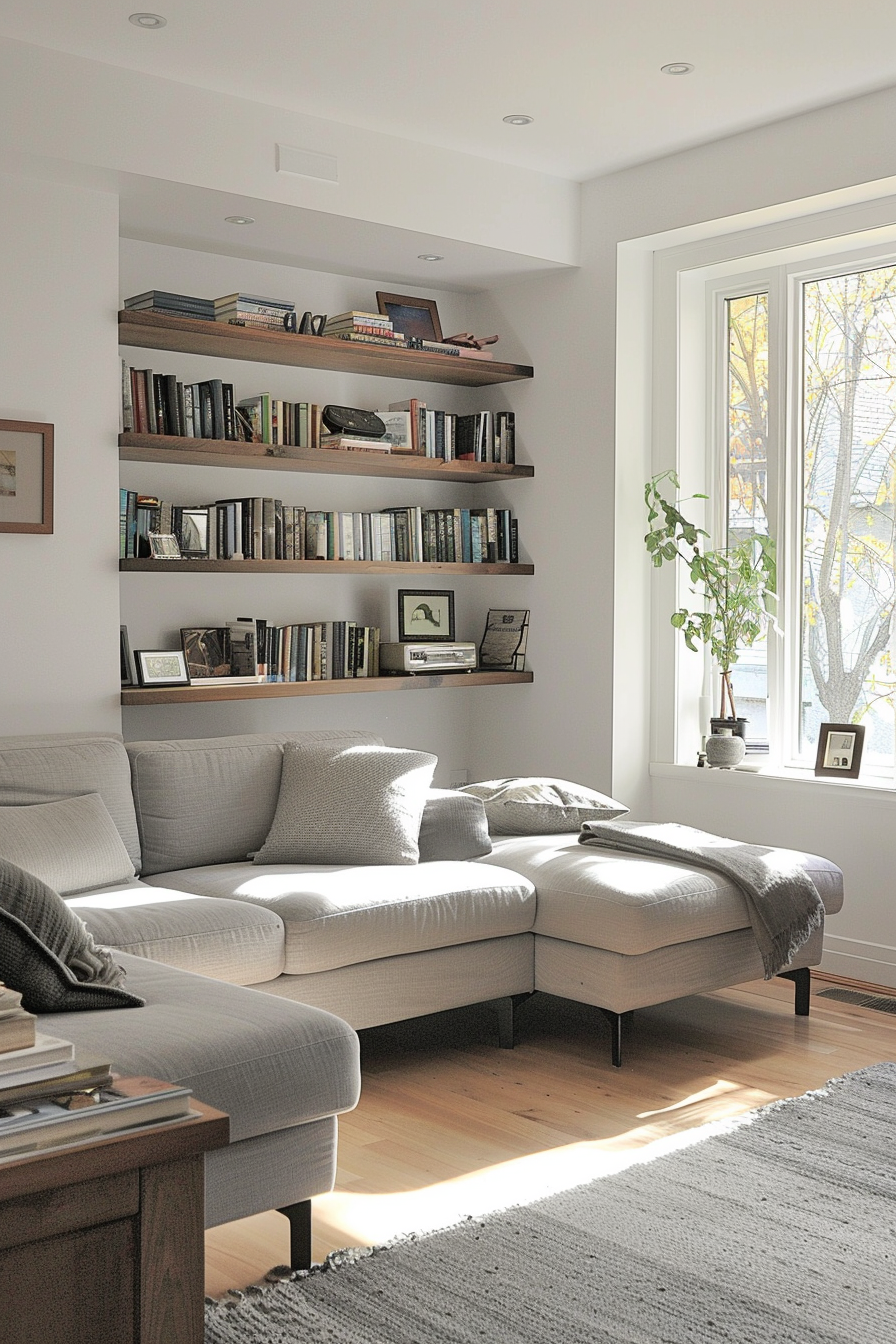 Cozy living room with a light gray sectional sofa, wooden bookshelves filled with books, and a window with autumn foliage outside.