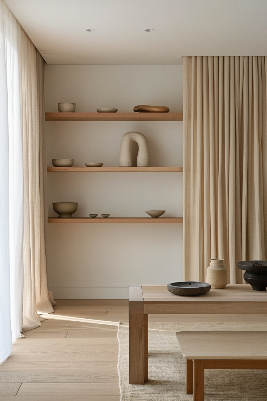 A minimalist room with wooden shelves displaying pottery, a wooden table with bowls, surrounded by neutral-toned drapes and carpet.