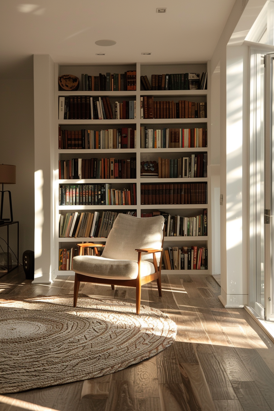 Cozy reading nook with a comfortable chair, floor lamp, and large bookshelf filled with books, bathed in warm sunlight.