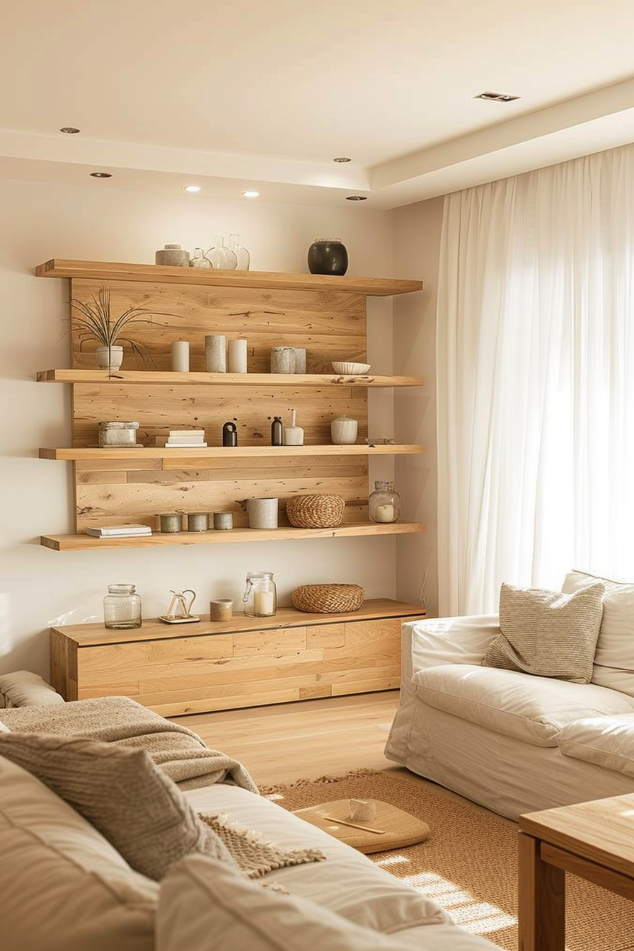 Cozy living room interior with wooden shelving unit, decorative items, soft beige sofa, and warm lighting.