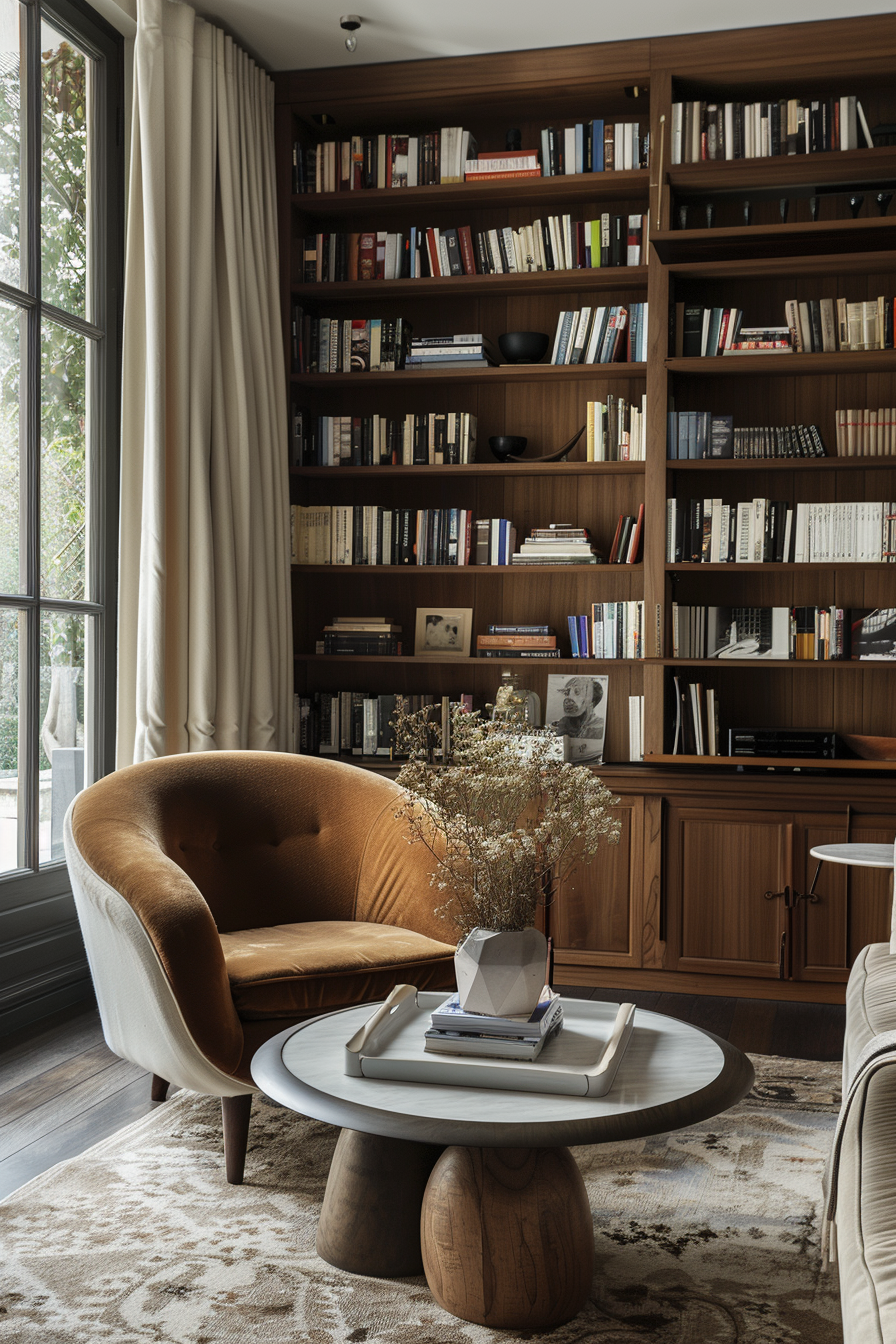A cozy reading nook with a plush mustard armchair, a wooden bookshelf brimming with books, and a round coffee table under natural light.