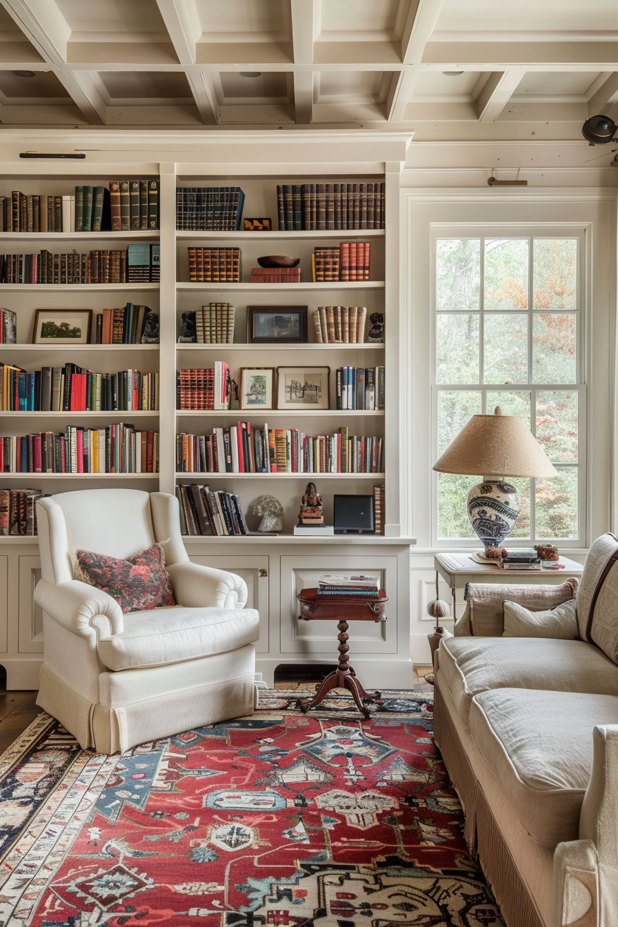 ALT: A cozy reading nook with a plush armchair, full bookshelves, a traditional rug, and a window overlooking autumn foliage.