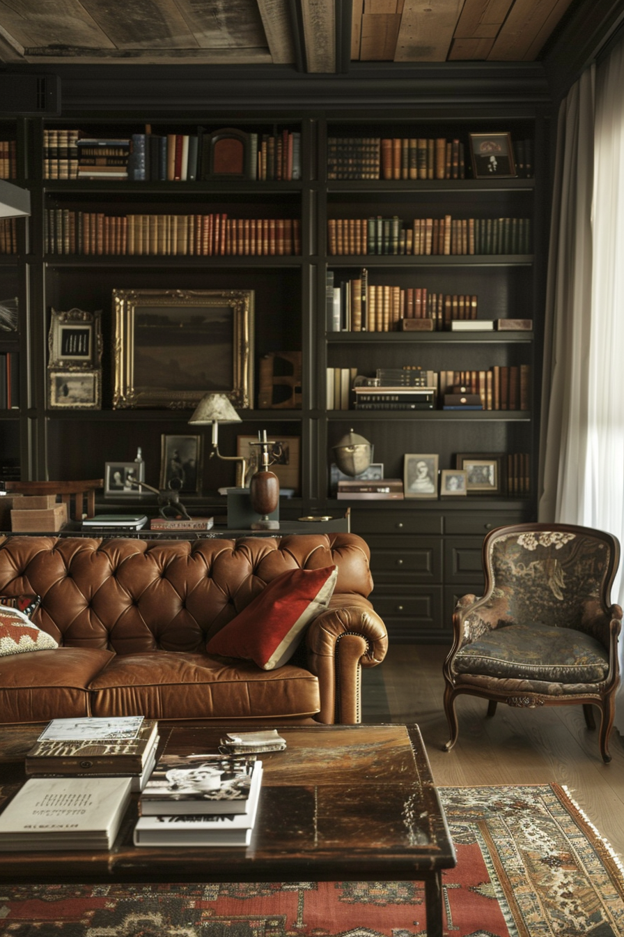 Elegant study room with leather chesterfield sofa, vintage armchair, dark wood bookshelves full of books, and classic decor.