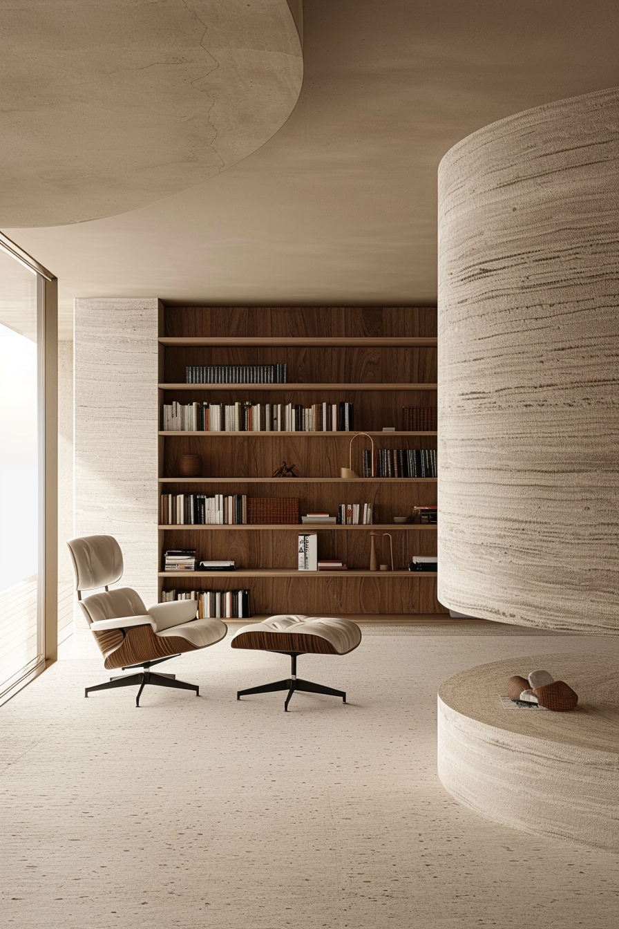 ALT: A modern interior with a curvilinear wooden bookshelf, a leather lounge chair with ottoman, and neutral-toned round structures.