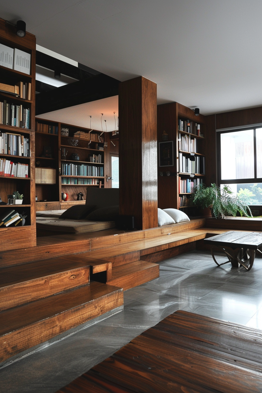 Modern living room with wooden bookshelves, steps leading to a raised seating area, and large window with plants.