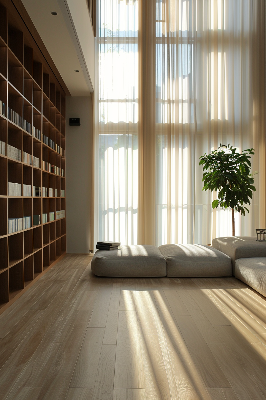 Sunlight filters through sheer curtains in a cozy library room with a large window, a full bookshelf, and a modern low-lying couch.