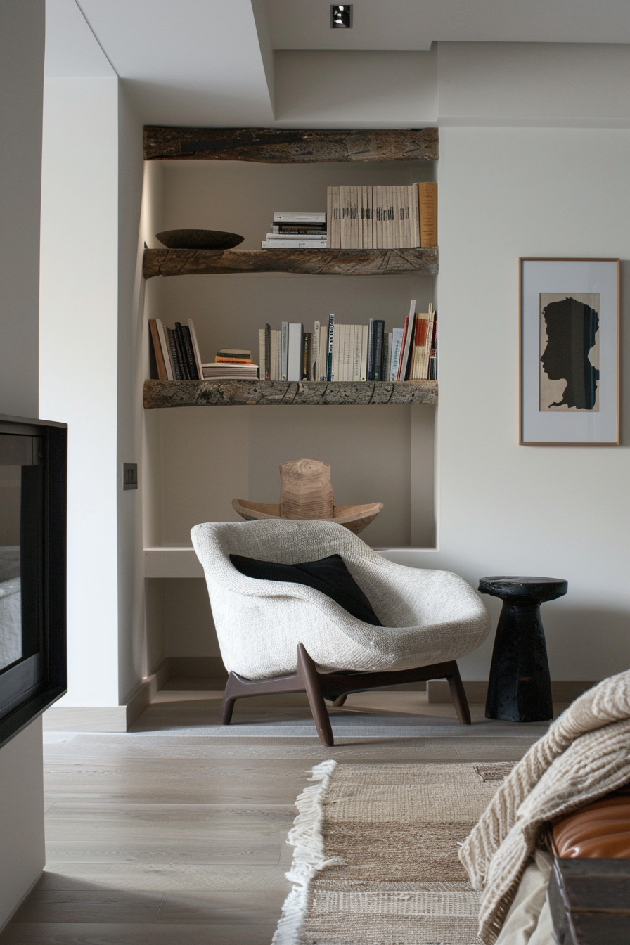 Cozy reading nook with a modern chair, rustic wood shelves full of books, and framed art on the wall.
