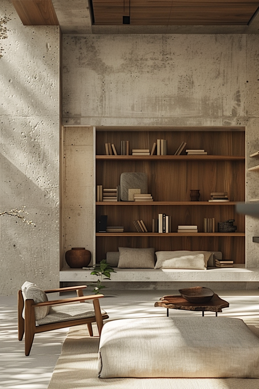 Modern living room with concrete walls, wooden bookshelf, mid-century armchair, and minimalist decor.