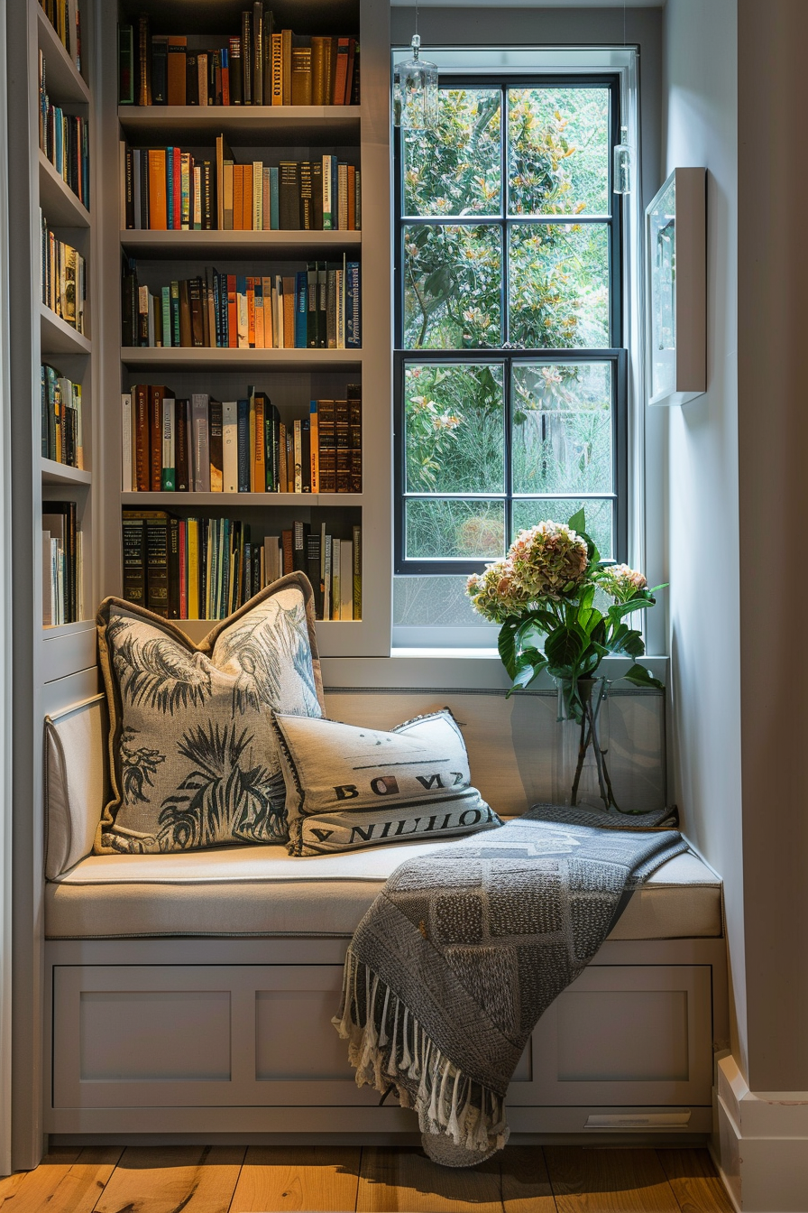 A cozy reading nook with cushioned bench, decorative pillows, a throw blanket, bookshelves full of books, and a view of greenery outside the window.