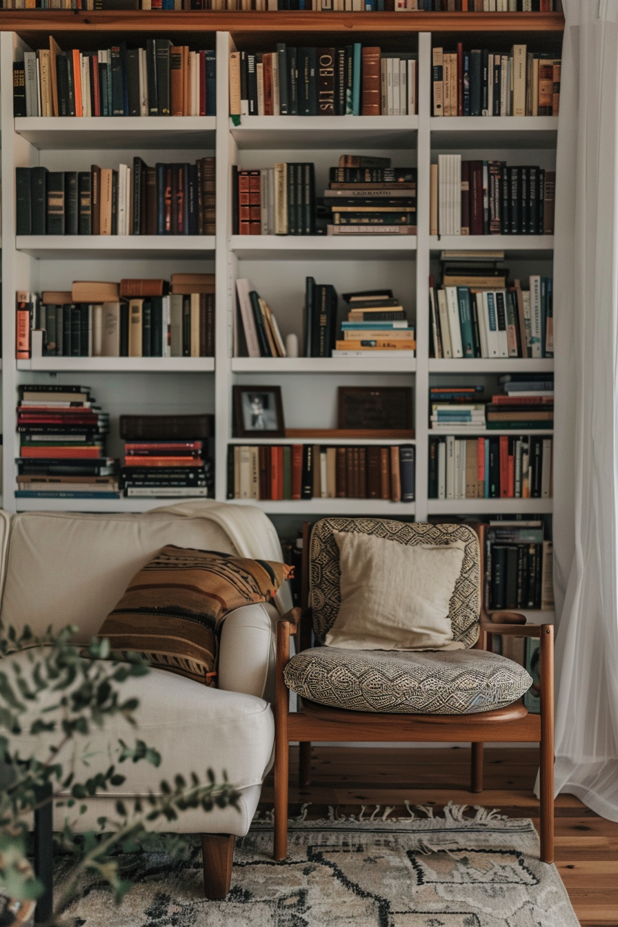Cozy reading nook with armchairs and a well-stocked bookshelf.
