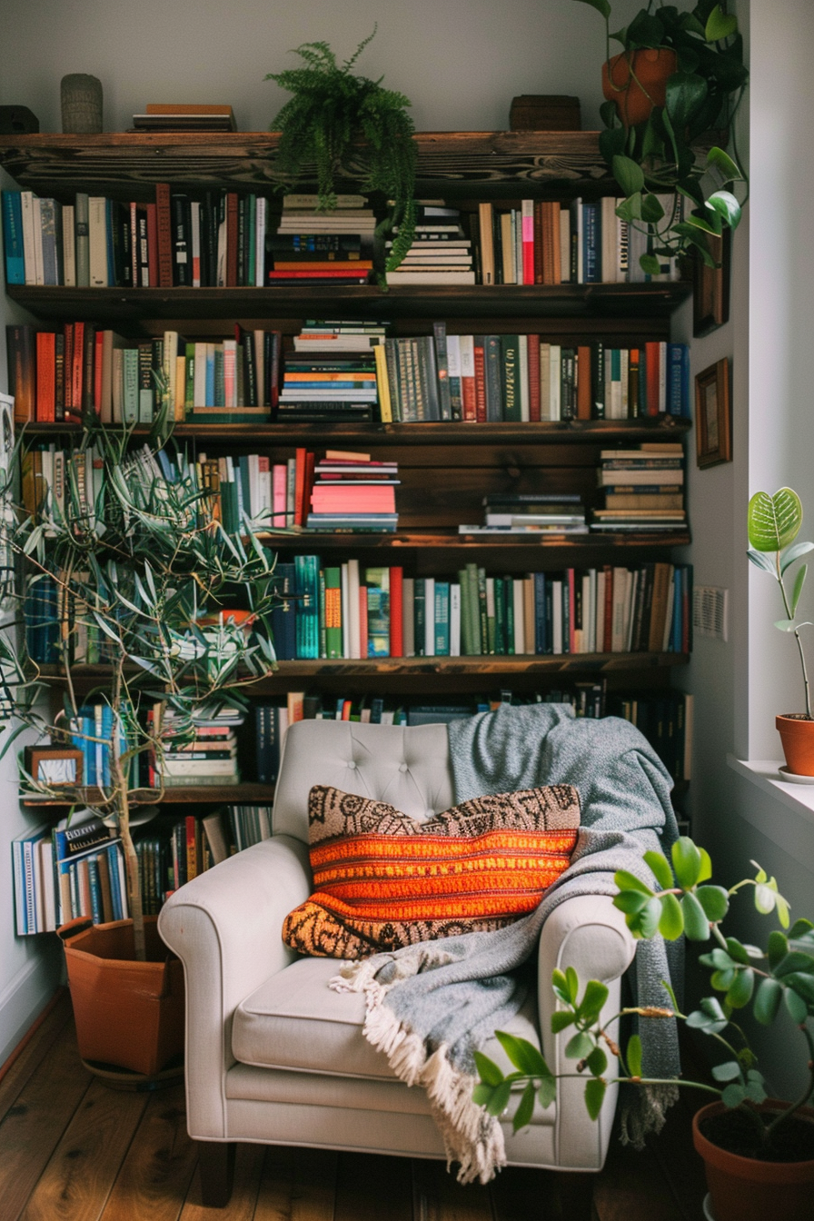 A cozy reading nook with a plush armchair, a colorful throw pillow, a grey blanket, and shelves of books surrounded by plants.