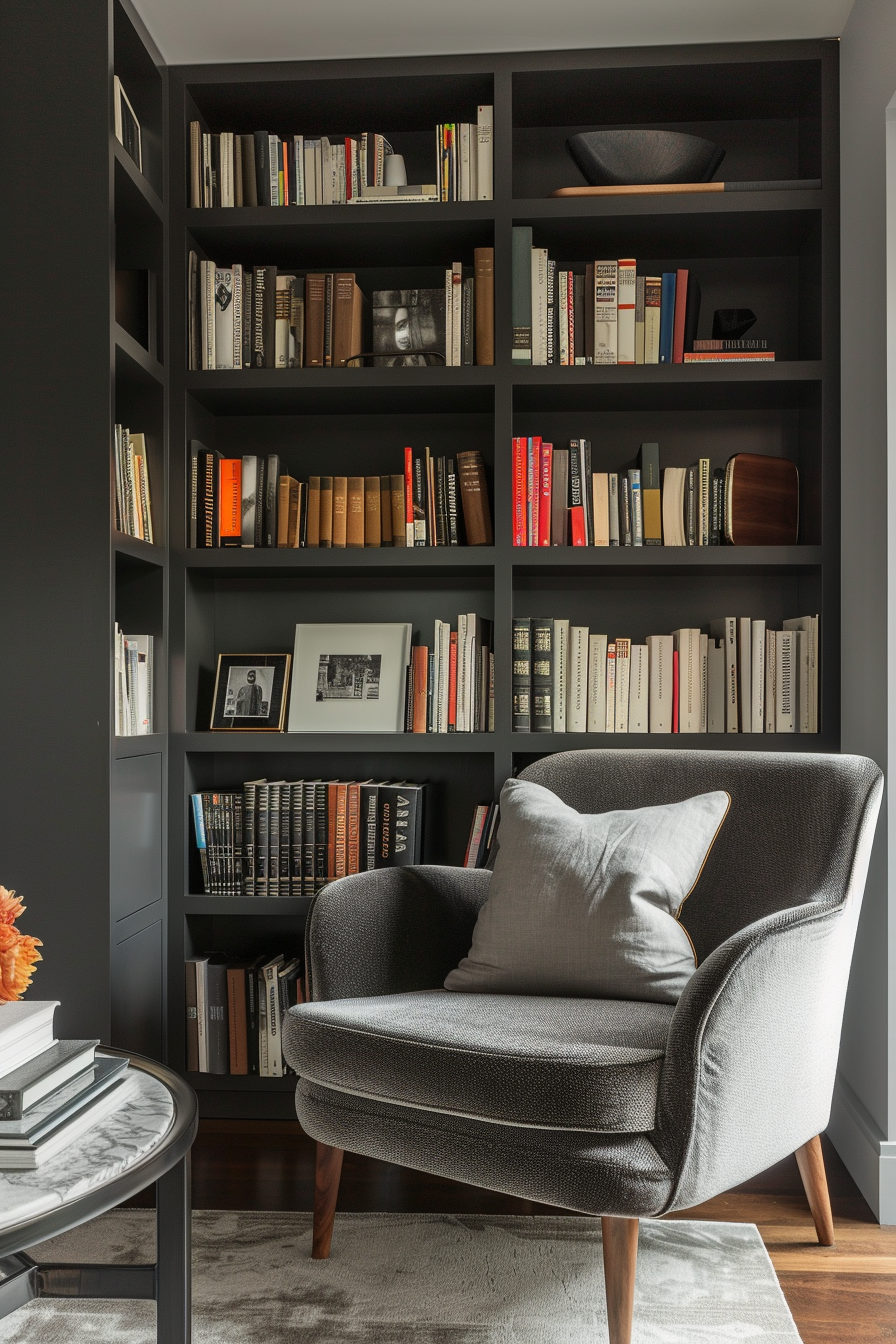 A cozy reading nook with a dark grey armchair, a full bookshelf, framed pictures, and a marble side table on a soft rug.