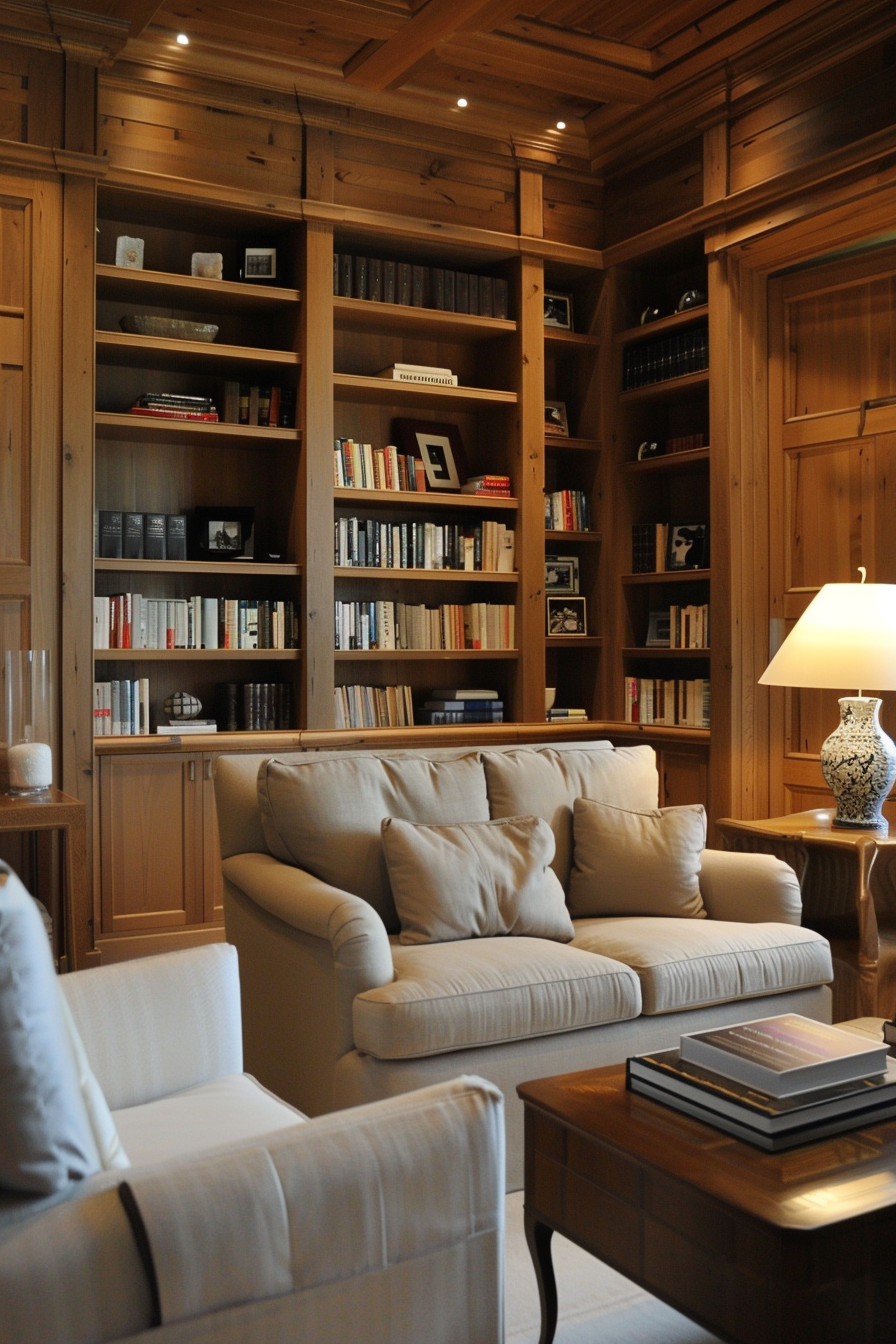 A cozy home library with wood-paneled walls and a beige sofa, surrounded by bookshelves filled with books and a decorative lamp.