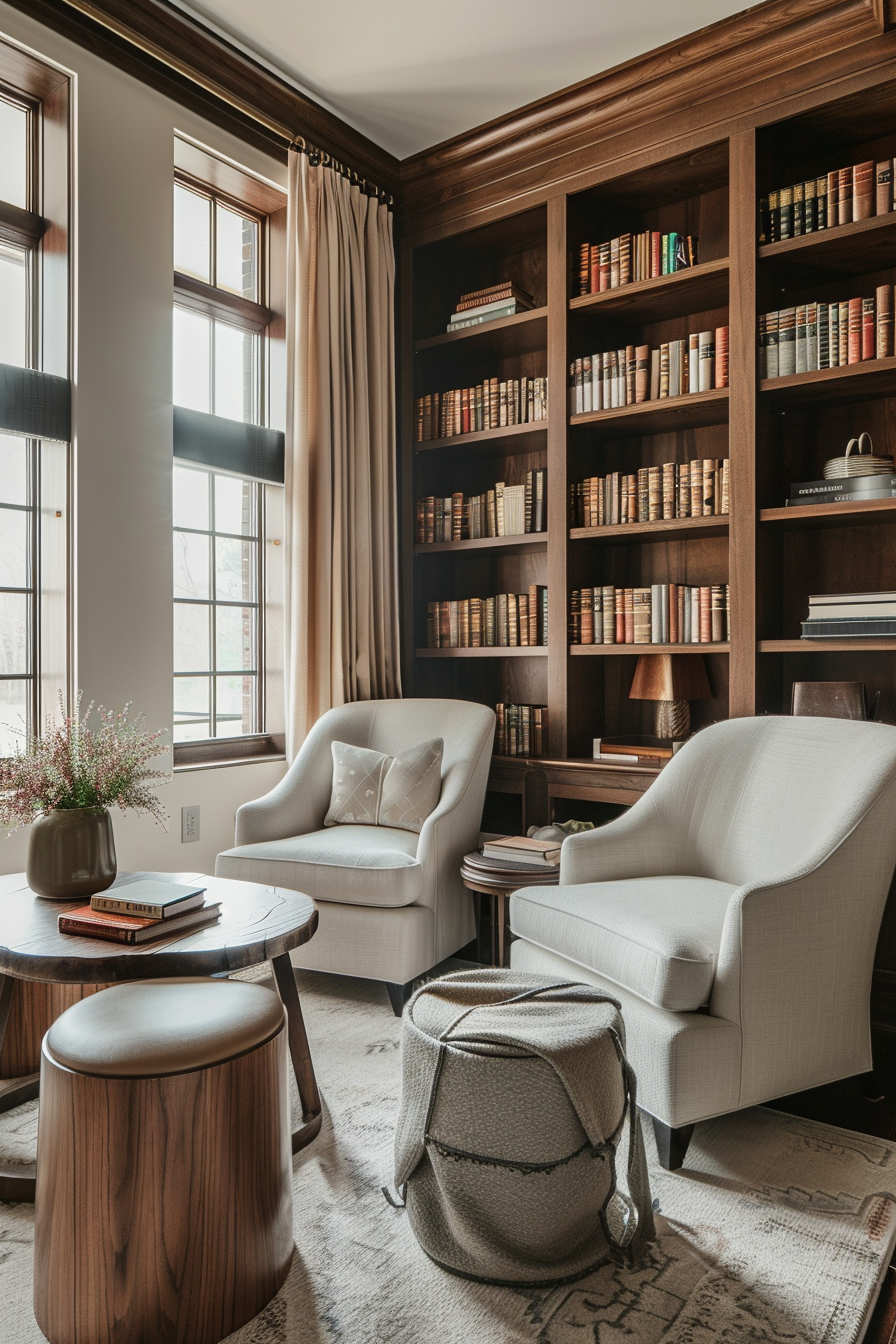 Cozy home library with two white armchairs, wooden bookshelves filled with books, and a window with curtains.