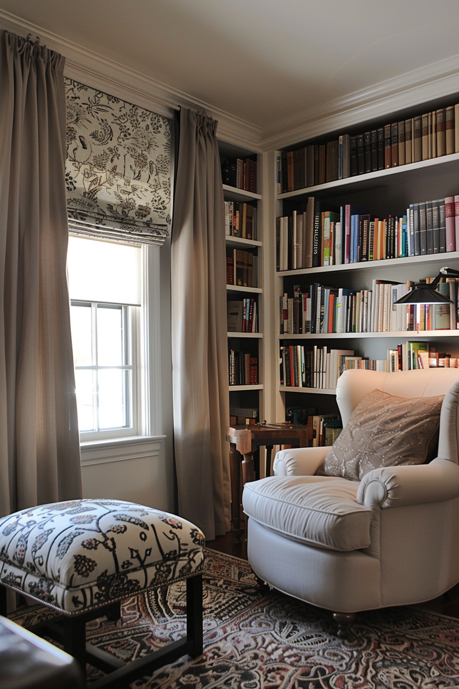 Cozy home library with a comfortable armchair and ottoman, elegant drapes, book-filled shelves, and a patterned rug.