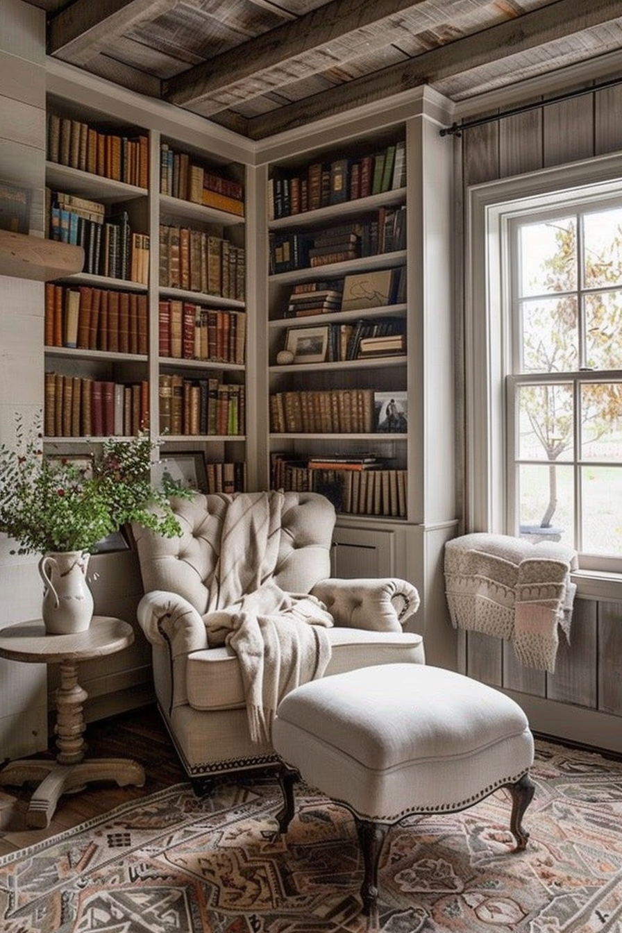 A cozy reading nook with bookshelves, a comfortable armchair with an ottoman, a round table, and a window with a view of autumn foliage.