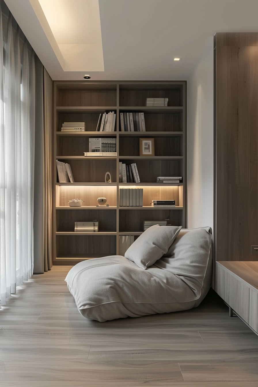 Modern minimalist reading nook with large bookshelf, comfortable oversized floor cushion, and soft lighting.