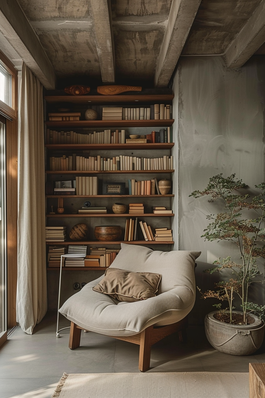 A cozy reading nook with a large bookshelf filled with books, a comfortable chair, and a potted plant beside a window.