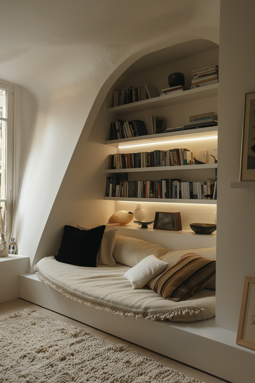 Cozy reading nook with built-in shelves, cushions, and soft lighting under an arched alcove.