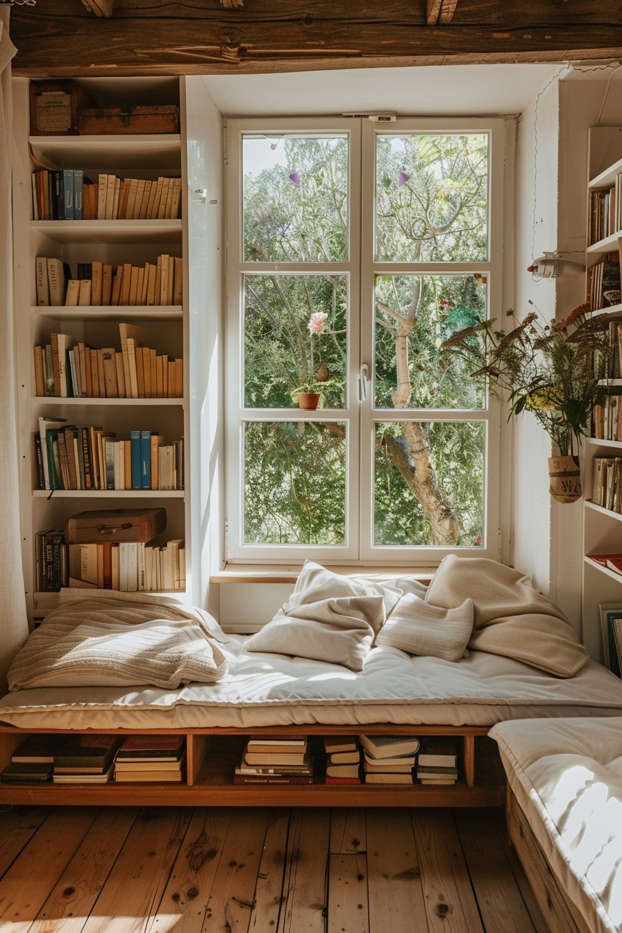 ALT: Cozy reading nook with a daybed and built-in bookshelves by a window overlooking greenery.