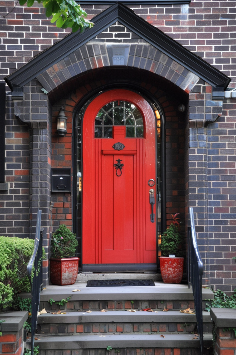 A vibrant red arched door set in a dark brick facade, flanked by potted plants and a small lantern, with a stone stairway leading up to it.