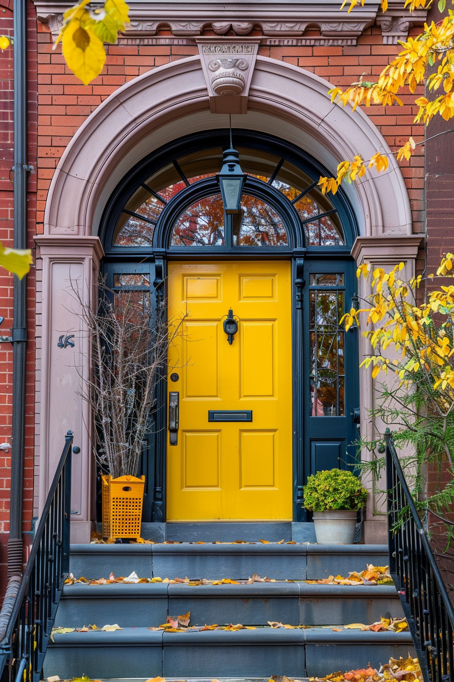 A vibrant yellow door stands out in a brick building with arched transom windows, flanked by lantern and autumn leaves.