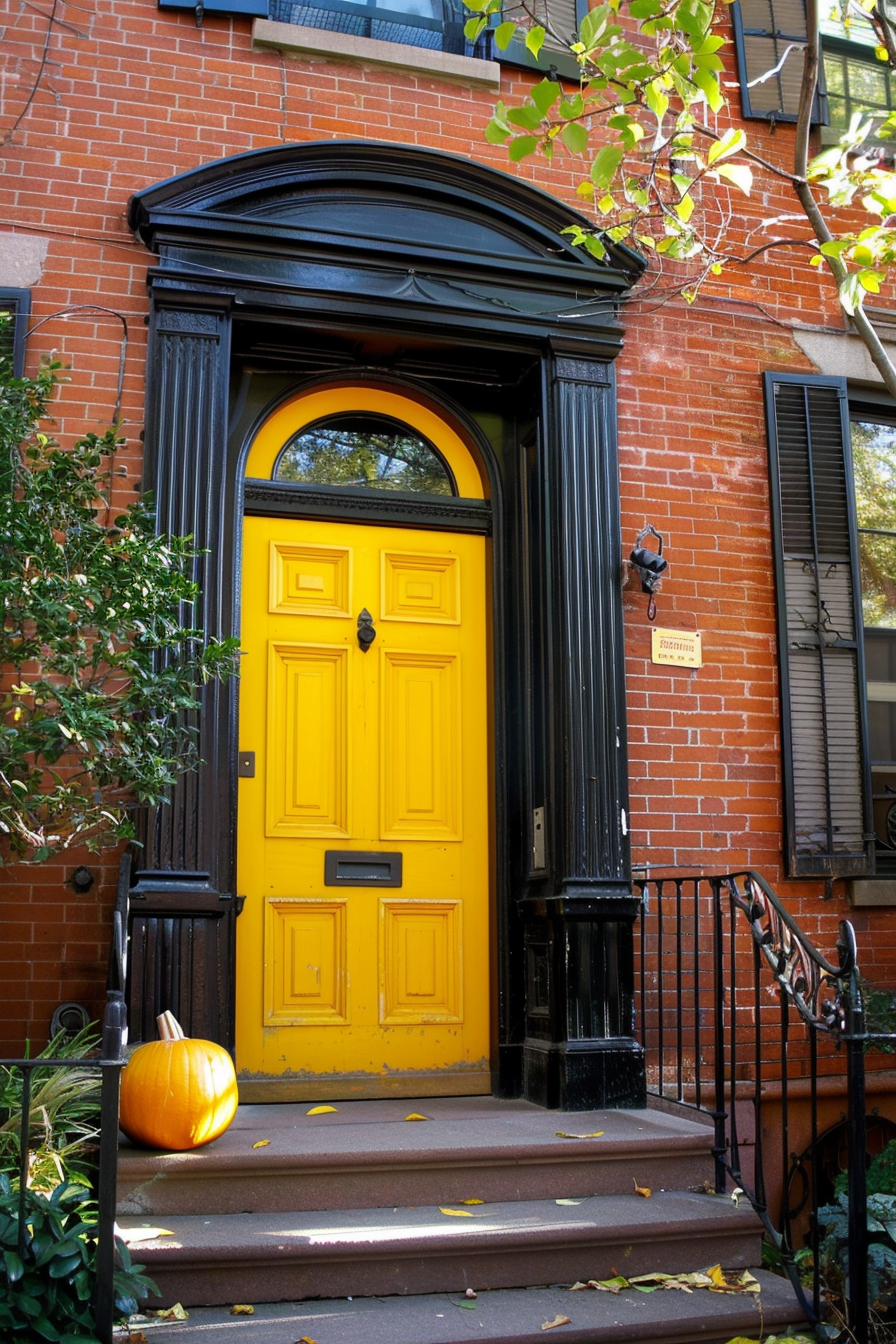 A bright yellow door on a classic brick building, framed by black trim, with a pumpkin on the doorstep.