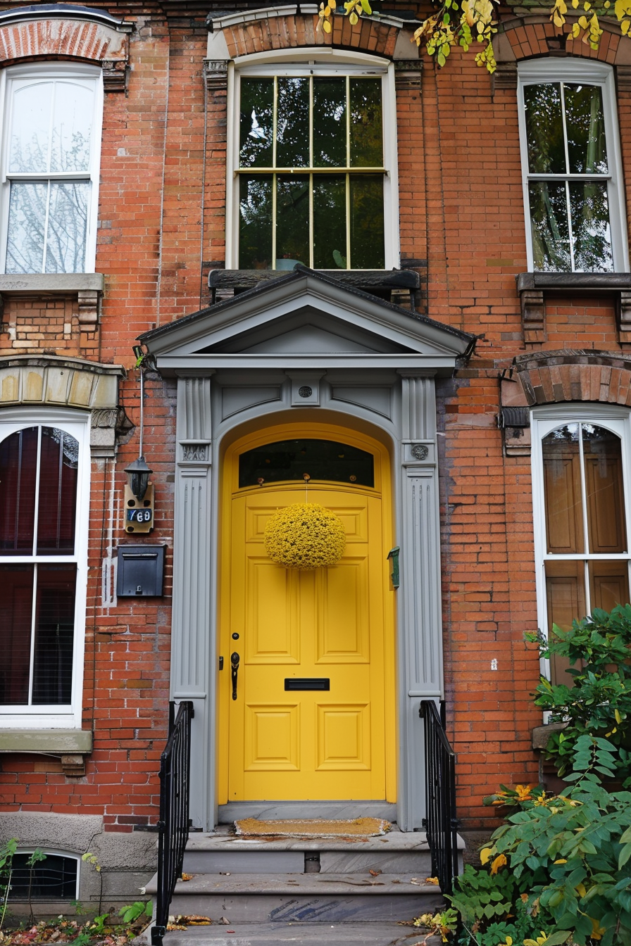 A bright yellow door on a traditional brick building with a decorative wreath, flanked by white-framed windows and autumn leaves.