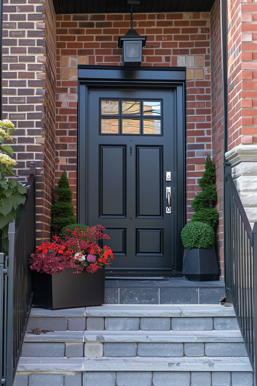 A stylish black front door with windows, framed by red brick walls, flanked by potted plants and leading up stone steps.