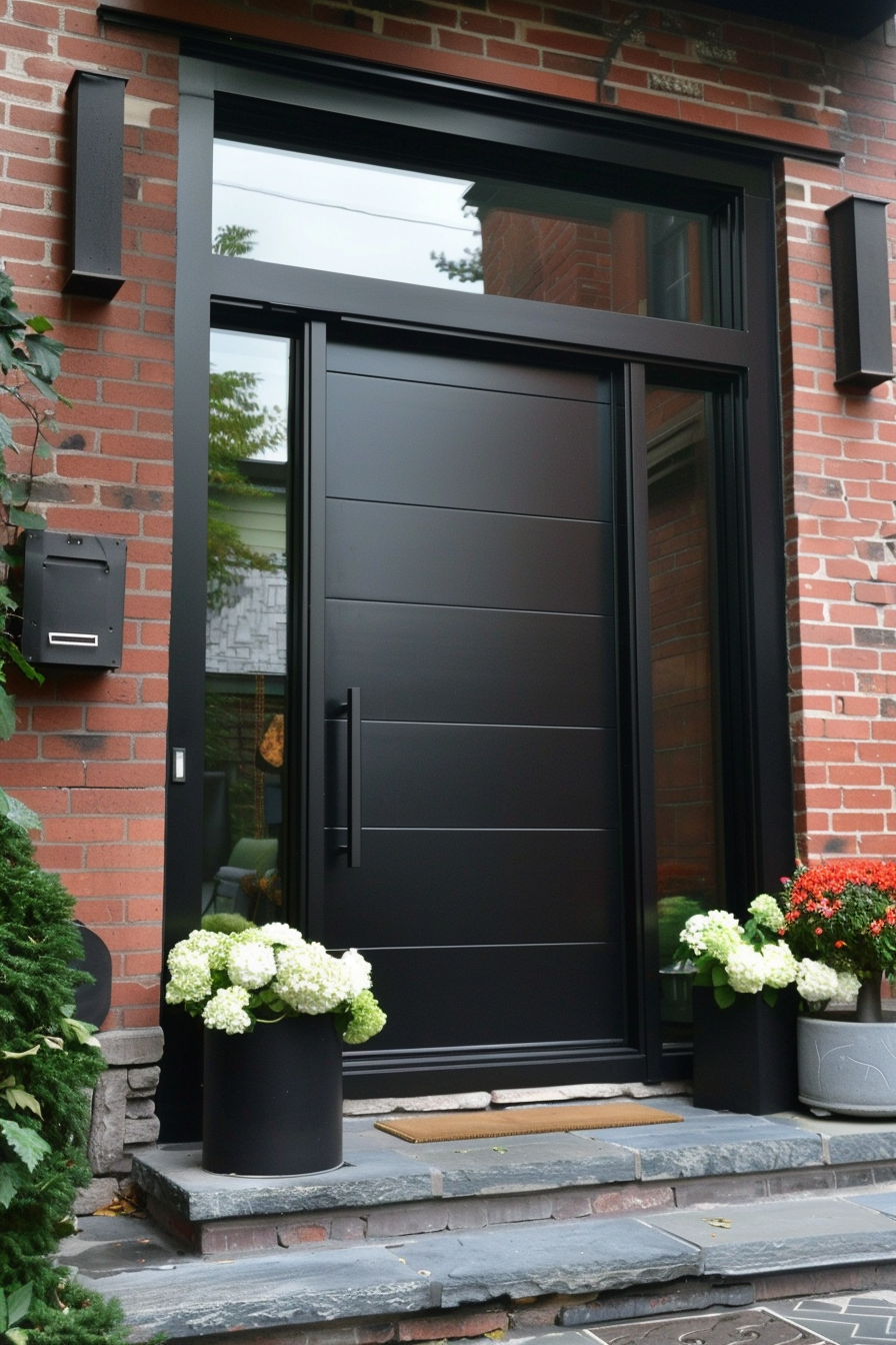 Modern black front door on a red brick house with transom window, flanked by flowerpots with hydrangeas.
