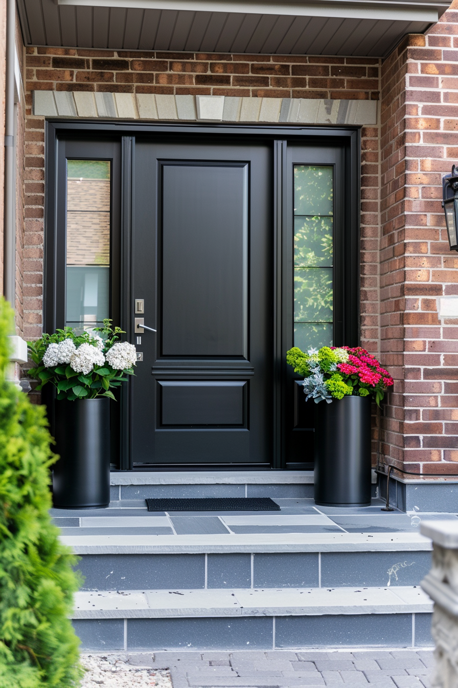 Black front door of a house with side panels, flanked by flower pots and a brick facade.