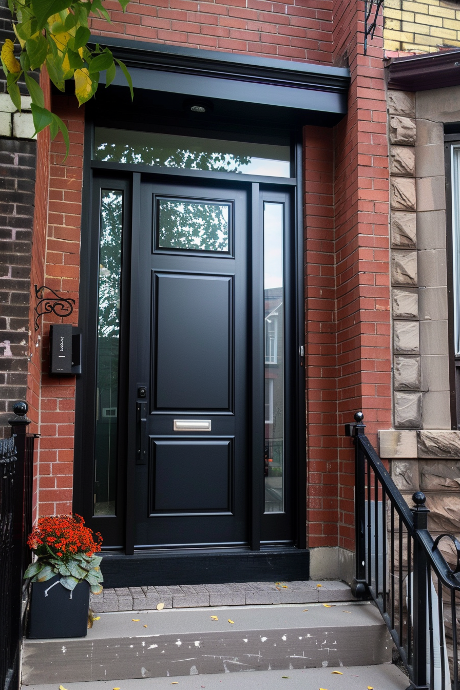 A modern black front door with glass panels framed by red brick walls and a potted plant on the doorstep.