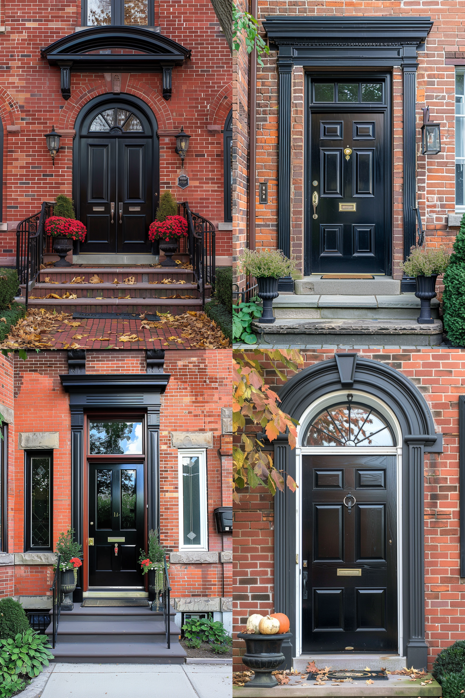 Four different black front doors of brick houses, each adorned with seasonal decorations.