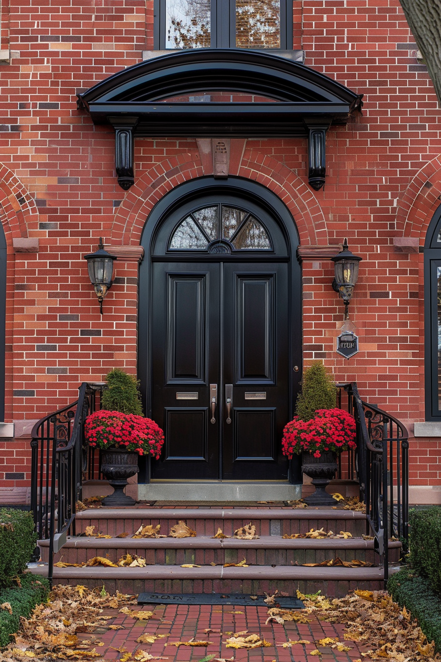 Elegant double front door of a brick house, with seasonal red flowers and fallen leaves on the steps.