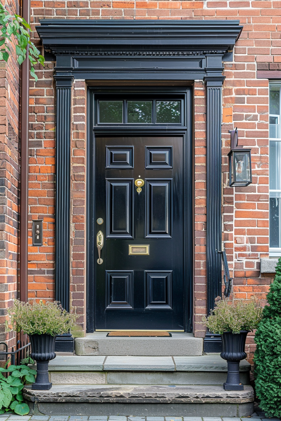 Elegant black front door with gold hardware on a brick house, flanked by potted plants and a wall lantern.