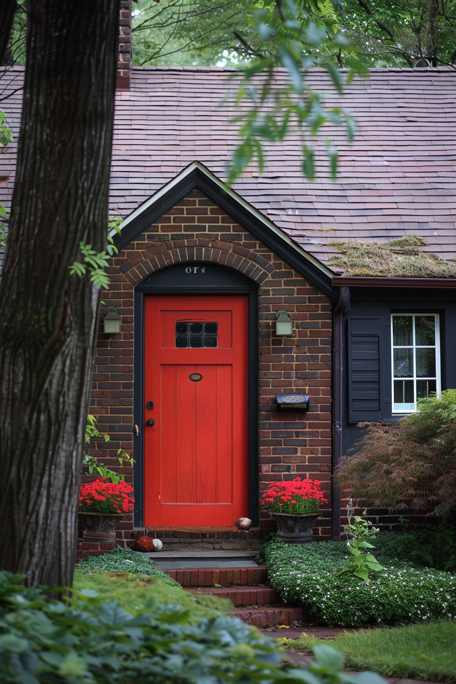 A quaint red door on a brick house with steps, surrounded by green foliage and bright red flowers, giving a welcoming vibe.