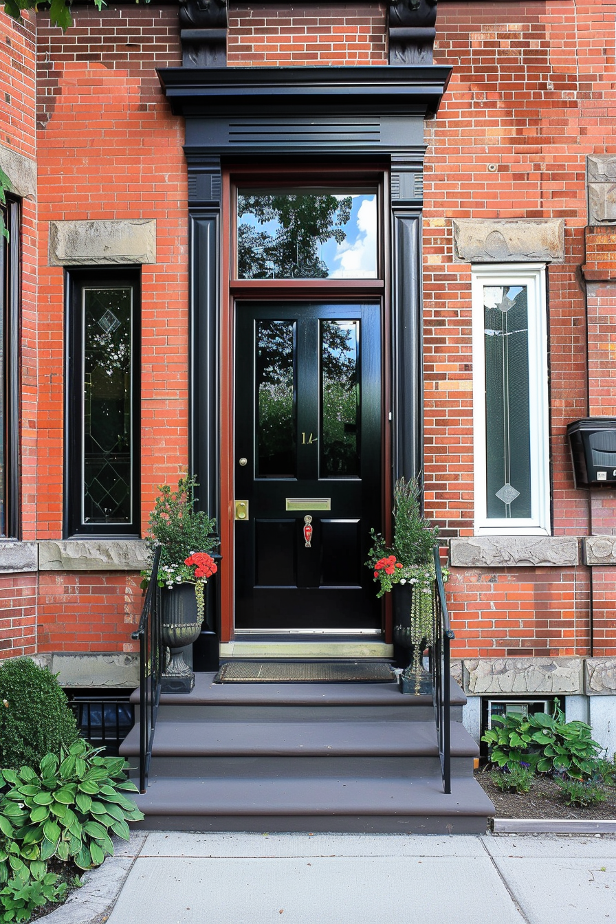 Elegant black door with glass panels, flanked by red brick walls and adorned with potted red flowers on a residential building.