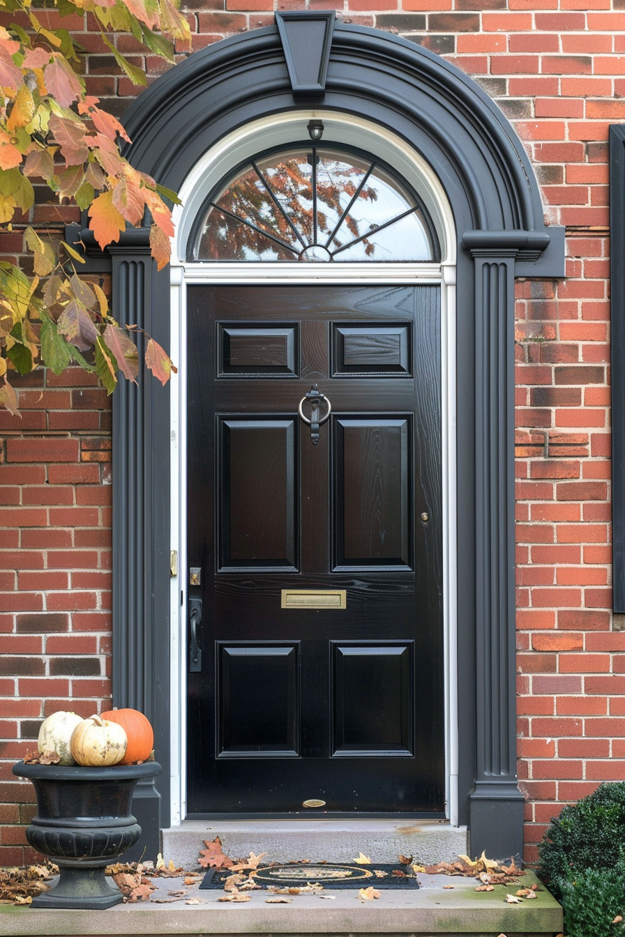 Elegant black front door of a brick house with an arched window overhead, flanked by autumn leaves and pumpkins on a porch.