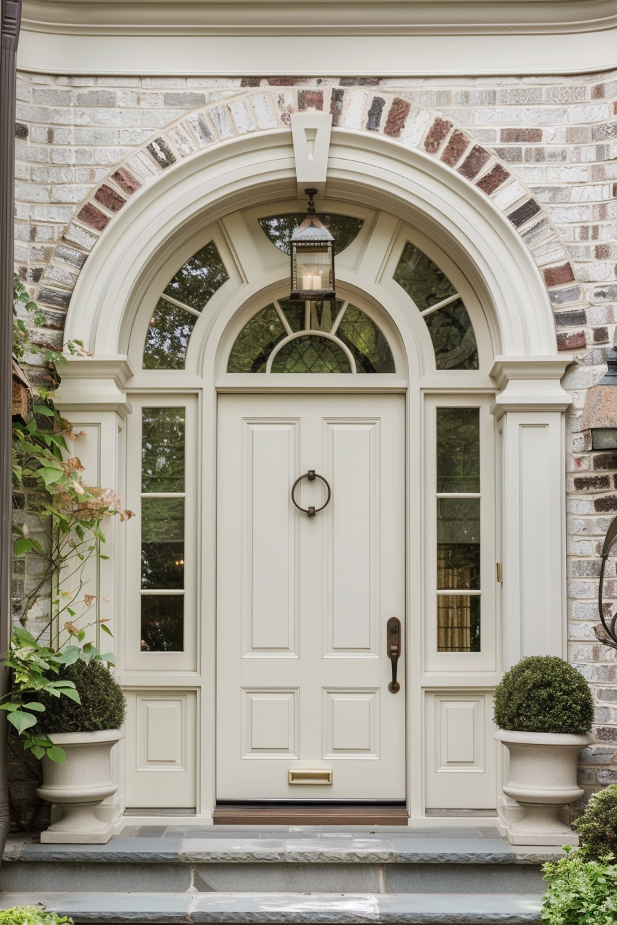 Elegant arched entryway with a cream-colored door, sidelights, overhead transom window, and a hanging lantern amidst brickwork.