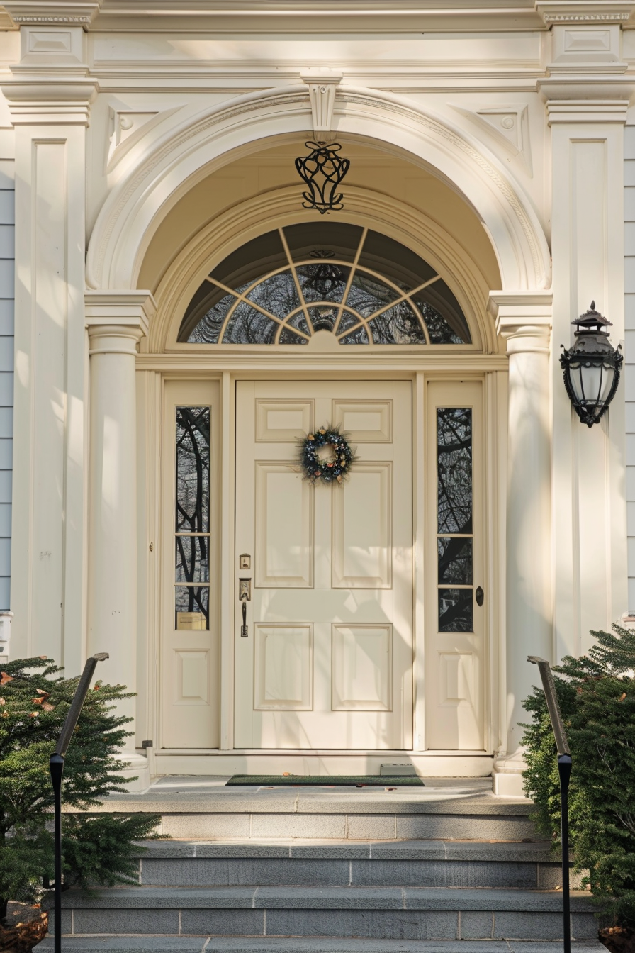 Elegant house entrance with a cream door adorned with a festive wreath, an arched transom window, stone steps, and a wall lantern.