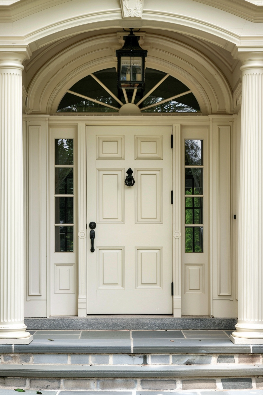 Elegant front door with arched transom and flanking sidelights, set in a classical entryway with columns and a hanging lantern.