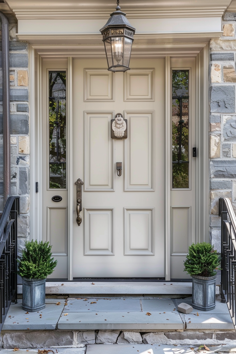 An elegant front door with decorative mouldings, a hanging lantern above, flanked by potted plants on stone steps.