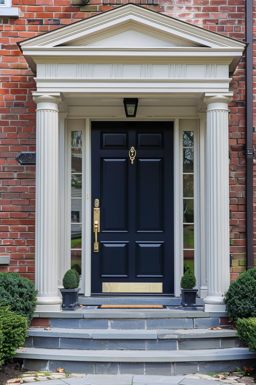 An elegant house entrance featuring a dark blue front door flanked by white classical columns under a portico, with stone steps and brick walls.