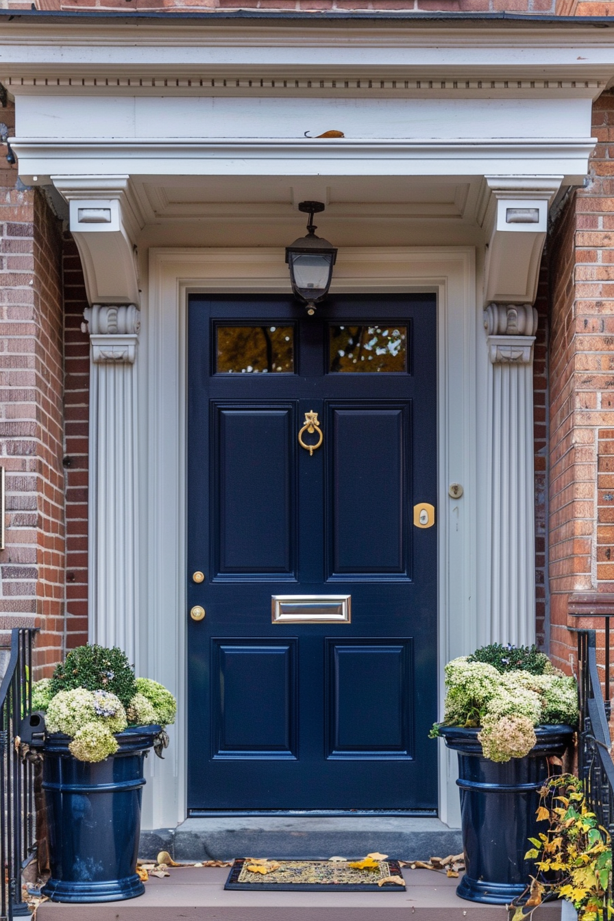Elegant dark blue front door on a brick house flanked by two planters with white flowers, with a hanging lantern above.