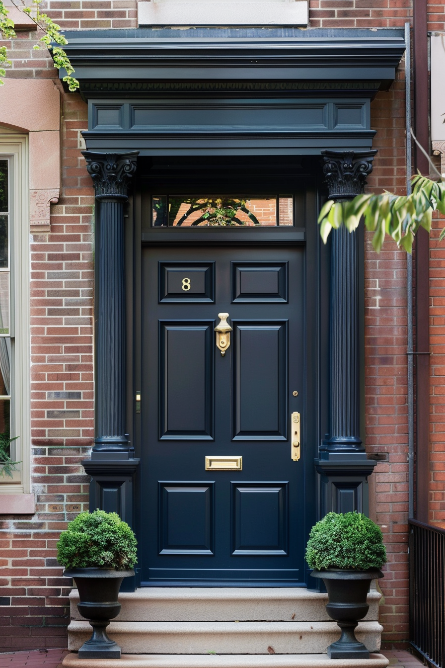 An elegant navy blue front door with gold hardware, flanked by Corinthian columns and potted plants, on a brick house facade.