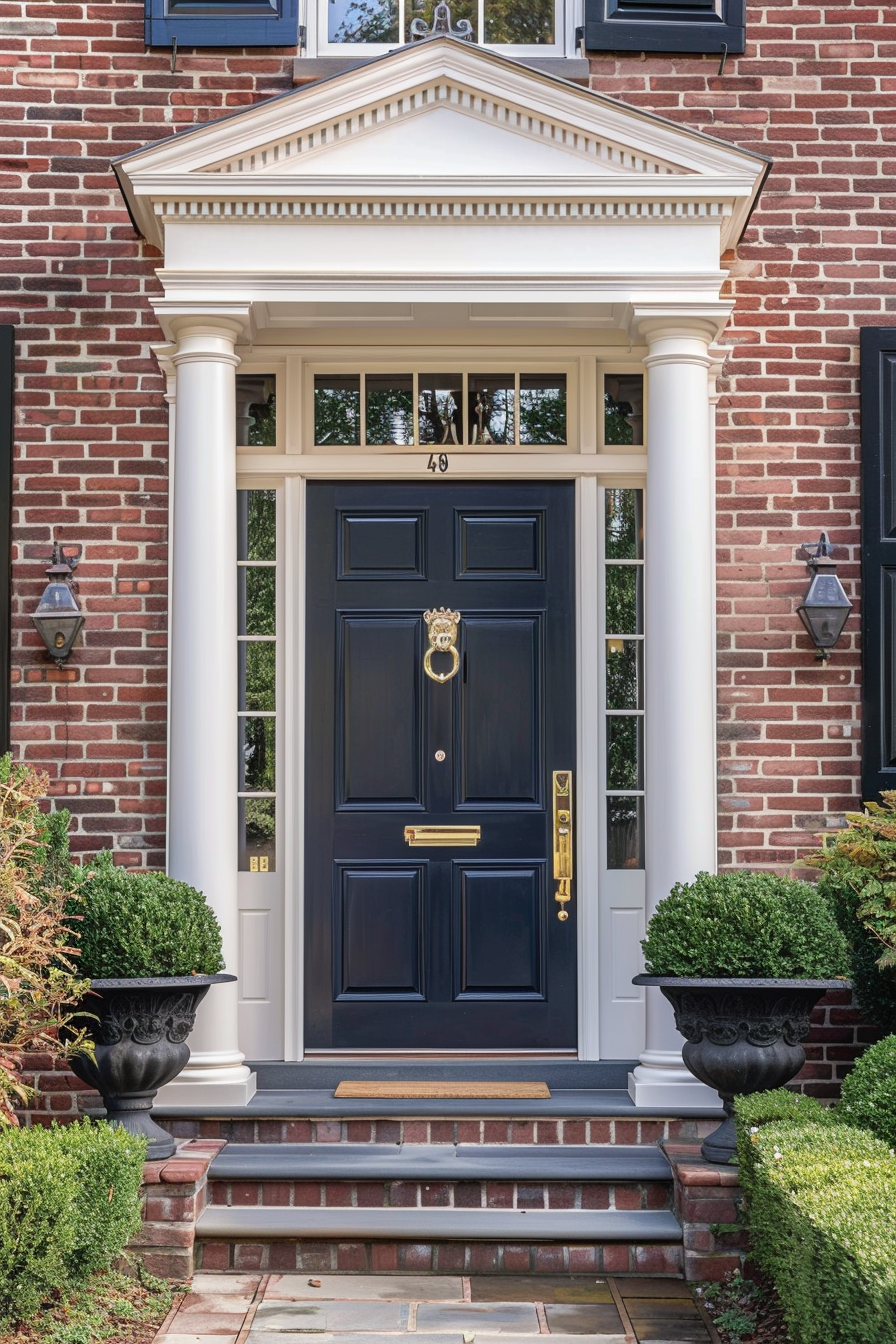 Elegant dark blue front door with gold knocker and hardware on a brick house, flanked by white columns and potted plants.