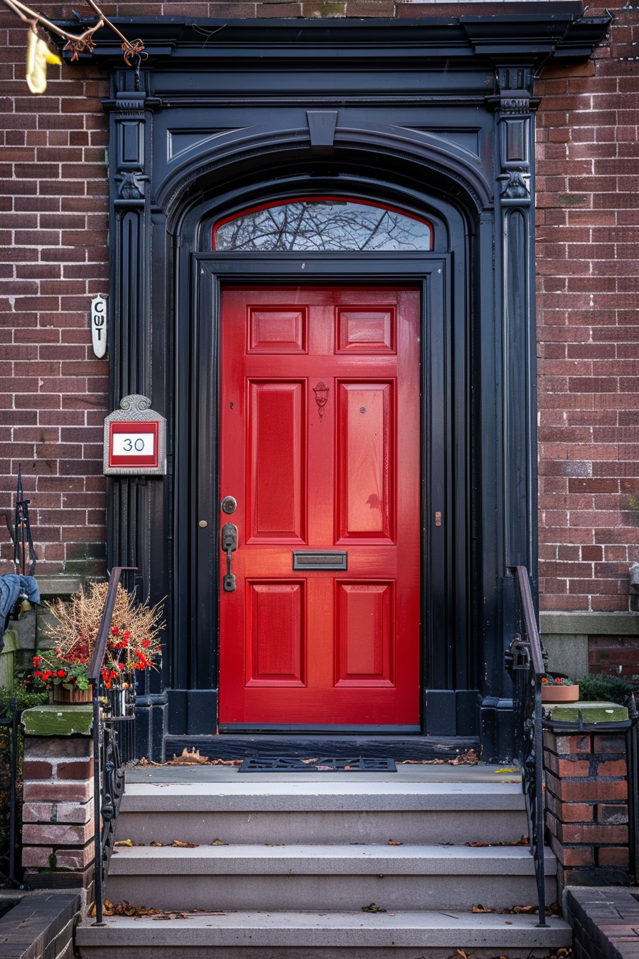 A bright red door set within a black-trimmed entryway, flanked by a brick wall and adorned with a small, decorative mailbox.